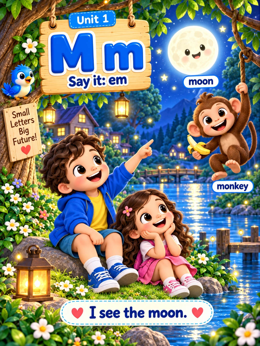 صفحة حرف M الأصلية من الكتاب: moon, milk, monkey, mouse